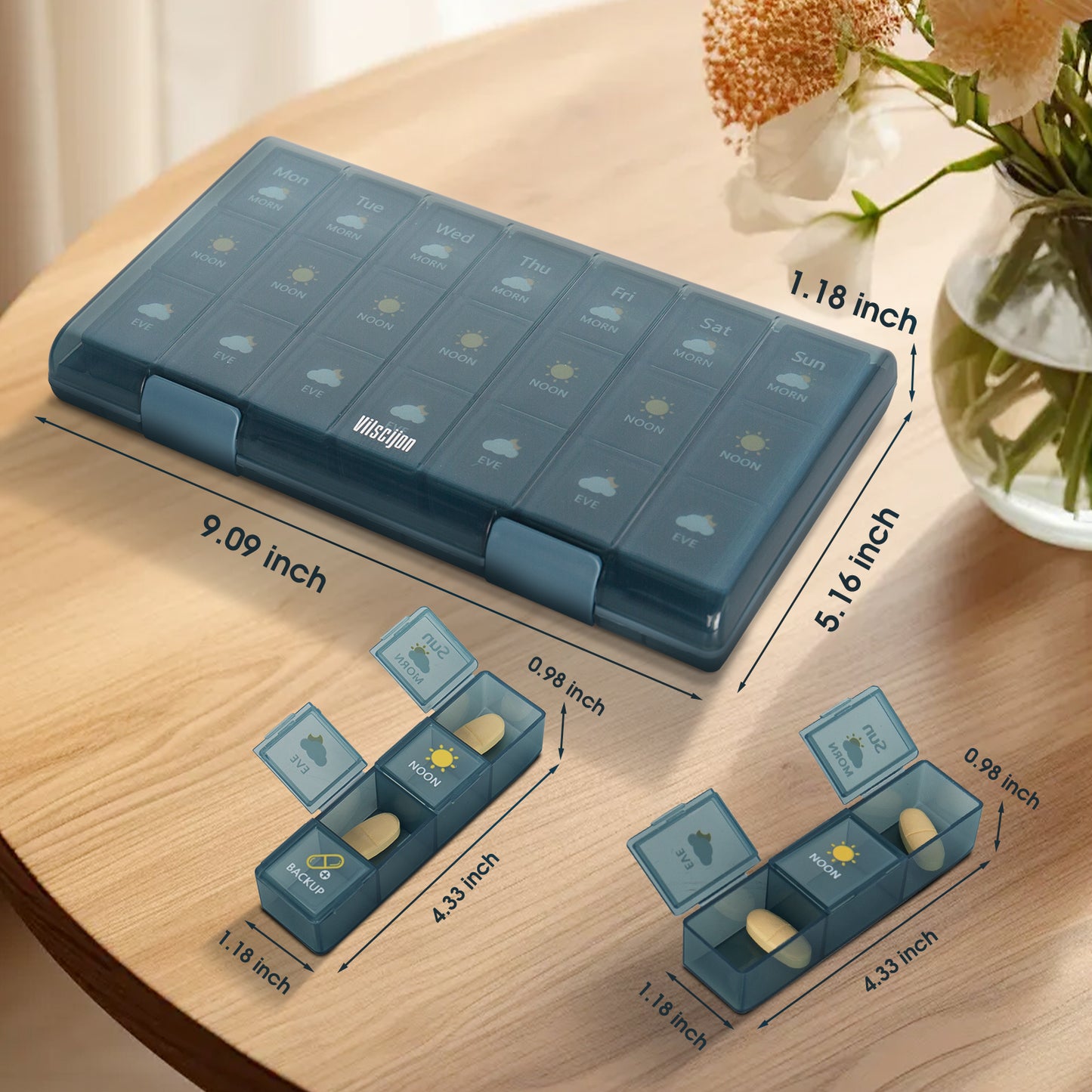 21 Compartment and 28 Compartment Pill Organizer 4 Times a Day, Weekly Pill Case, 7 Day Medication Organizer Large Compartments Travel Supplements Storage Vitamin Container (Blue Brown and Green)