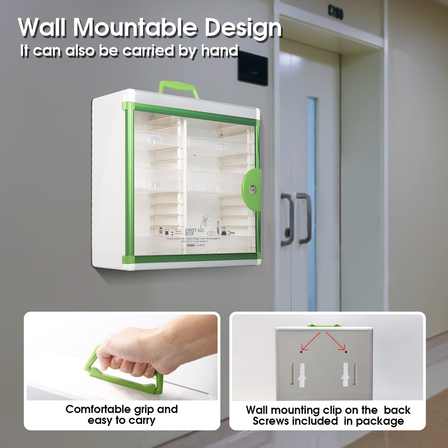 Medicine Cabinet Locking Medicine Cabinet Wall Mounted 15.62 x 6.5 x 15.43 Inch and 12.4 x 6.5 x 14.17Inch Portable Storage Container Big Capacity Green