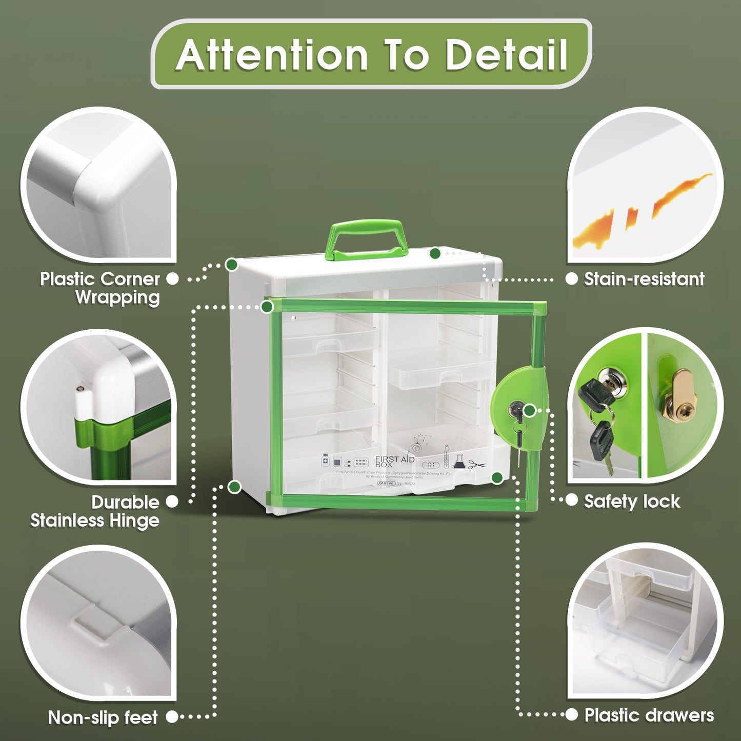 Medicine Cabinet Locking Medicine Cabinet Wall Mounted 15.62 x 6.5 x 15.43 Inch and 12.4 x 6.5 x 14.17Inch Portable Storage Container Big Capacity Green