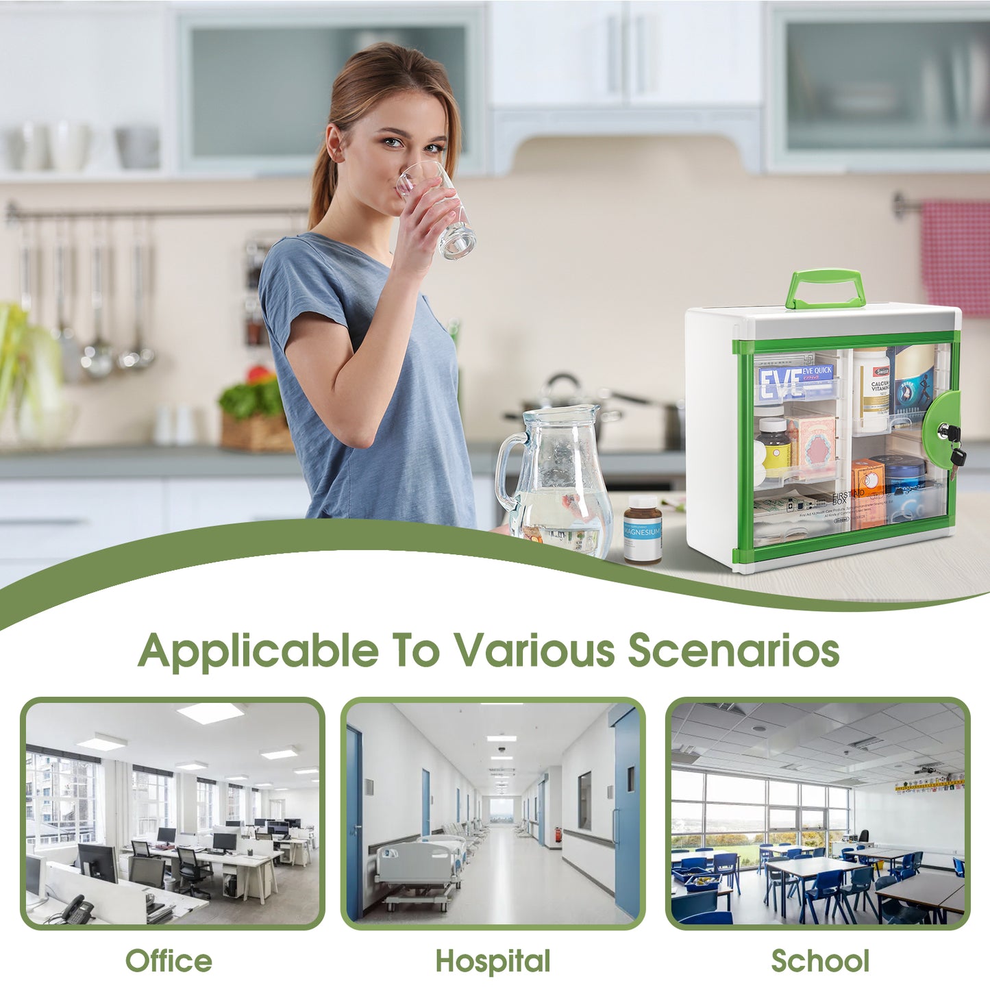 Medicine Cabinet Locking Medicine Cabinet Wall Mounted 15.62 x 6.5 x 15.43 Inch and 12.4 x 6.5 x 14.17Inch Portable Storage Container Big Capacity Green