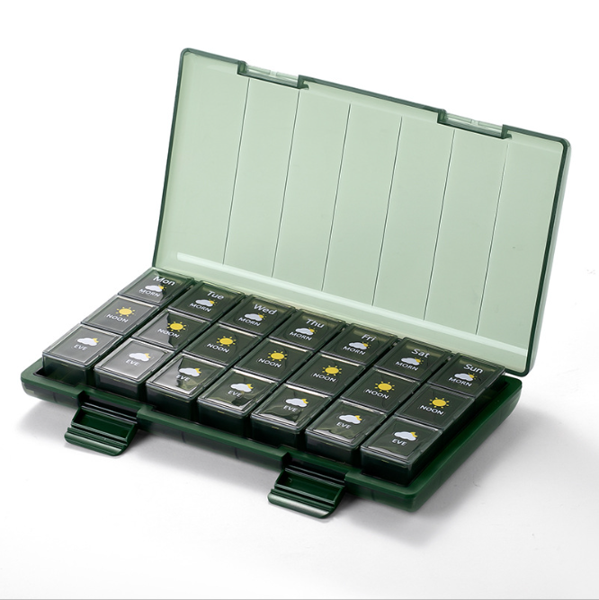 21 Compartment and 28 Compartment Pill Organizer 4 Times a Day, Weekly Pill Case, 7 Day Medication Organizer Large Compartments Travel Supplements Storage Vitamin Container (Blue Brown and Green)