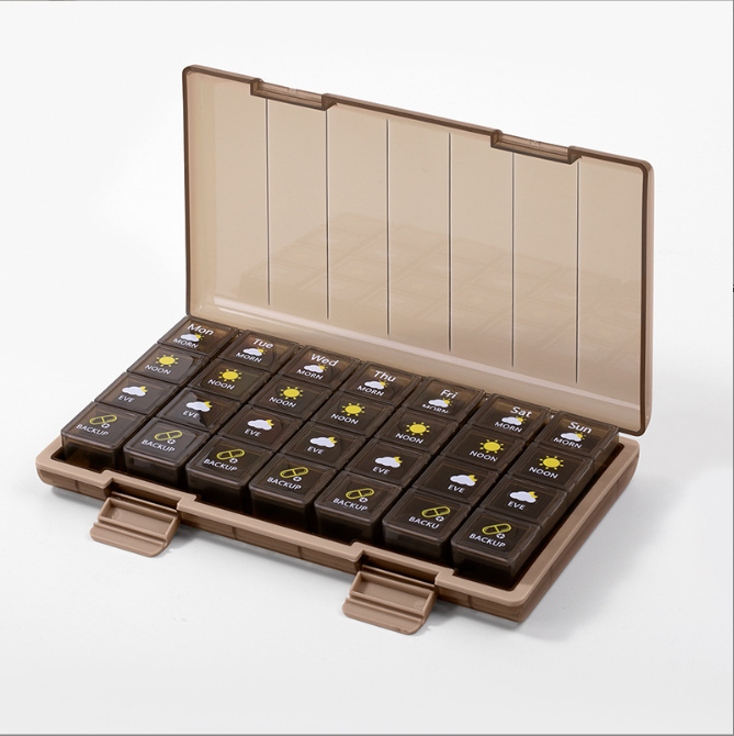 21 Compartment and 28 Compartment Pill Organizer 4 Times a Day, Weekly Pill Case, 7 Day Medication Organizer Large Compartments Travel Supplements Storage Vitamin Container (Blue Brown and Green)