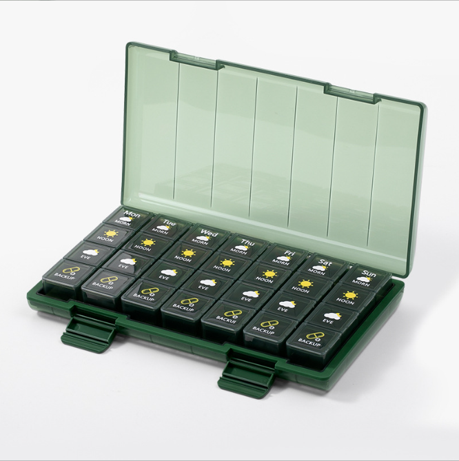 21 Compartment and 28 Compartment Pill Organizer 4 Times a Day, Weekly Pill Case, 7 Day Medication Organizer Large Compartments Travel Supplements Storage Vitamin Container (Blue Brown and Green)