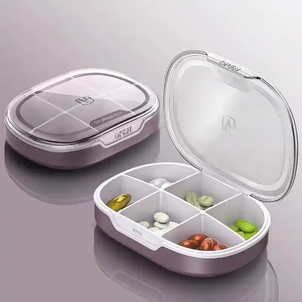 Pill Organizer, Pill Box 2 Pack, Small Pill Case for Purse & Pocket, Daily Medicine Vitamin Pill Box, Fish Oil Box, Supplement Box 2 Pcs (Six-Compartment) 4Color