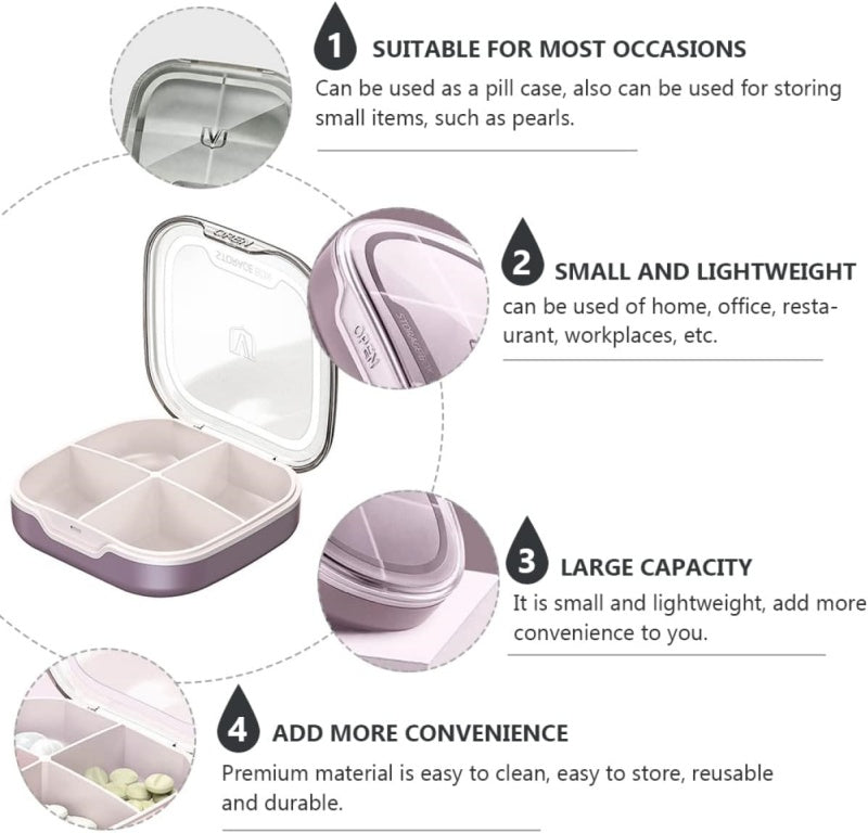 Glosen Pill Organizer Travel,Pill Box, Small Pill Case for Purse & Pocket, 4Compartments Pill Case, Daily Medicine Vitamin Box, Fish Oil Box, Supplement Box (Four-Compartment) (2 Color))