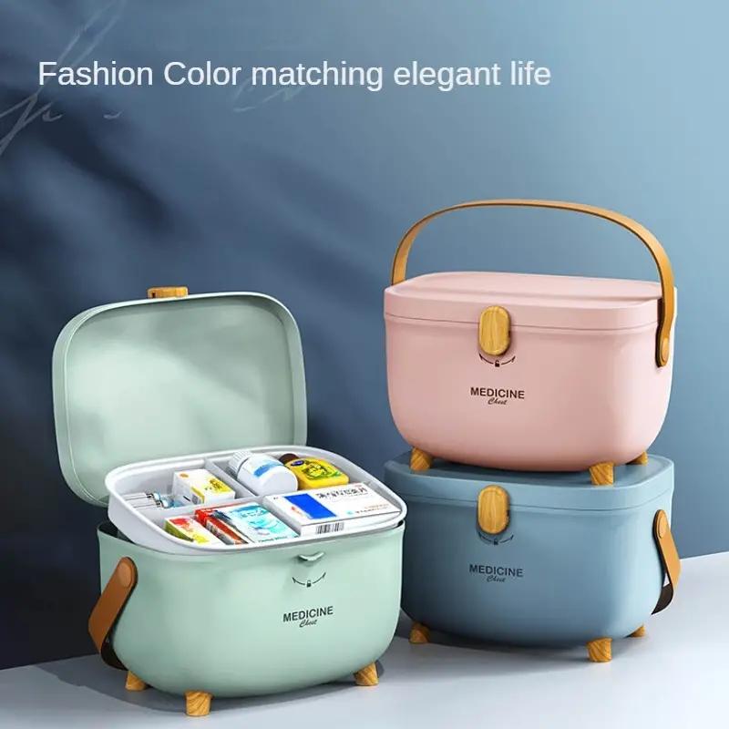 Clear Medicine Storage Box with Leather Handle(Pill box + pill cutter),Large Capacity Plastic Pills Box, Storage Organizer, Household Portable Sundries Storage Box, Home Organizer,Bathroom Organization,Balcony Organizer