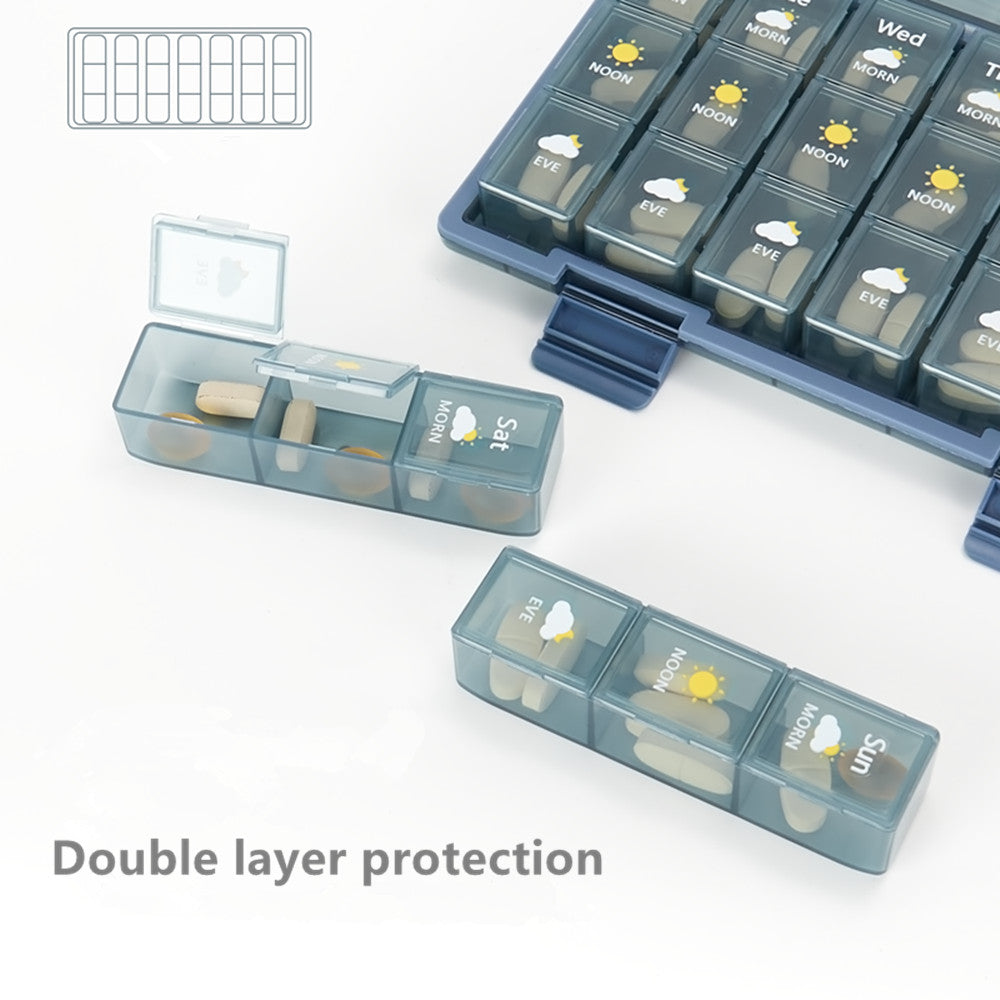 21 Compartment and 28 Compartment Pill Organizer 4 Times a Day, Weekly Pill Case, 7 Day Medication Organizer Large Compartments Travel Supplements Storage Vitamin Container (Blue Brown and Green)