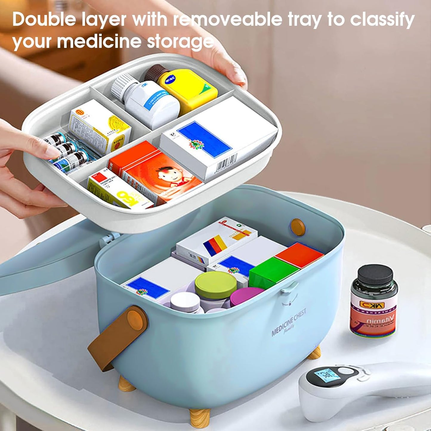 Clear Medicine Storage Box with Leather Handle(Pill box + pill cutter),Large Capacity Plastic Pills Box, Storage Organizer, Household Portable Sundries Storage Box, Home Organizer,Bathroom Organization,Balcony Organizer