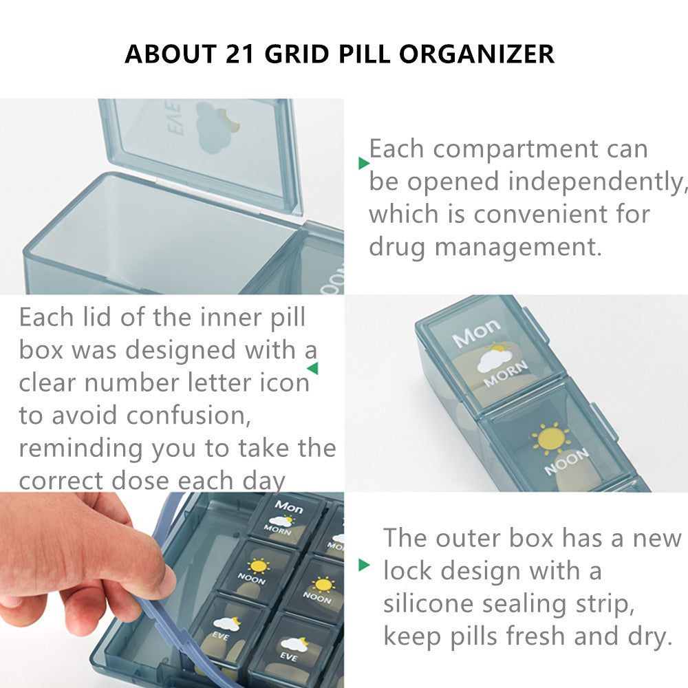 21 Compartment and 28 Compartment Pill Organizer 4 Times a Day, Weekly Pill Case, 7 Day Medication Organizer Large Compartments Travel Supplements Storage Vitamin Container (Blue Brown and Green)
