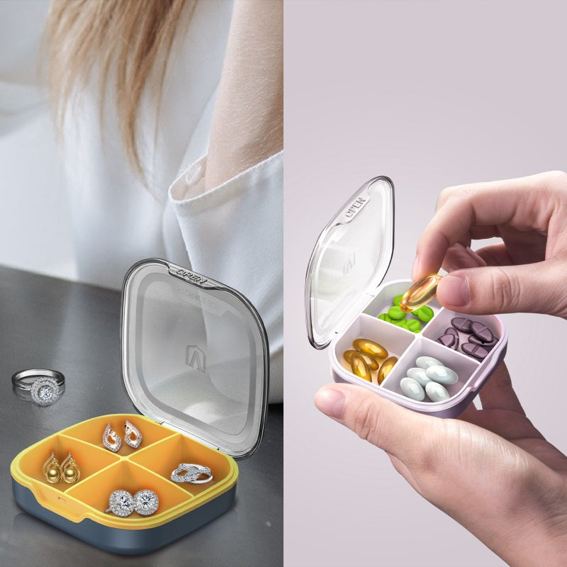 Glosen Pill Organizer Travel,Pill Box, Small Pill Case for Purse & Pocket, 4Compartments Pill Case, Daily Medicine Vitamin Box, Fish Oil Box, Supplement Box (Four-Compartment) (2 Color))