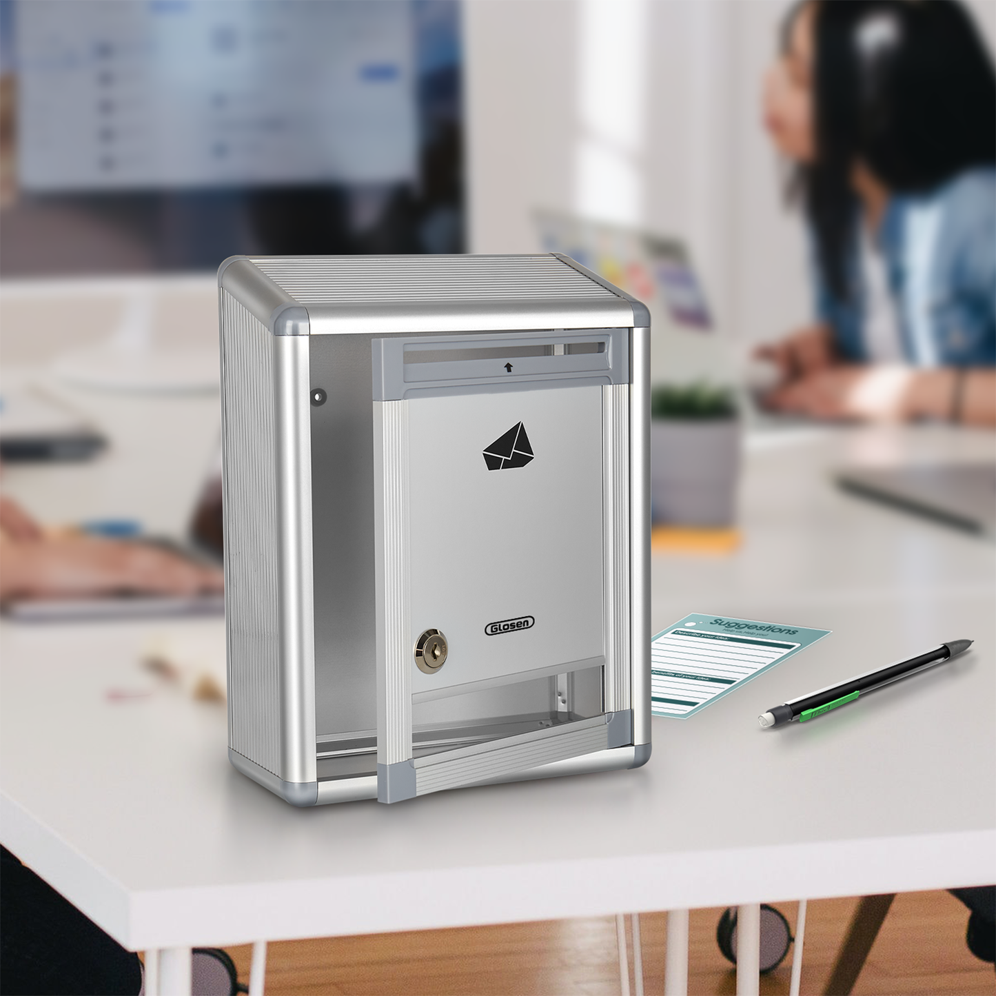 Suggestion Box with Key, Aluminum Wall Mounted Donation Box with Lock,8.46 * 4.33 * 11.22 inch, Ballot Box with Slot & 50pcs Suggestion Cards