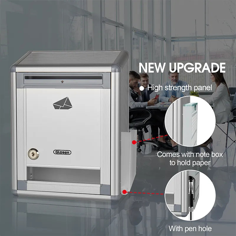 Suggestion Box with Key, Aluminum Wall Mounted Donation Box with Lock,8.46 * 4.33 * 11.22 inch, Ballot Box with Slot & 50pcs Suggestion Cards