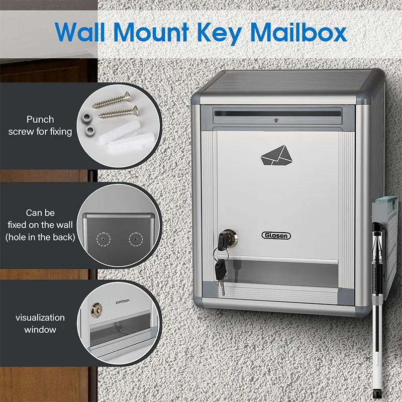 Suggestion Box with Key, Aluminum Wall Mounted Donation Box with Lock,8.46 * 4.33 * 11.22 inch, Ballot Box with Slot & 50pcs Suggestion Cards