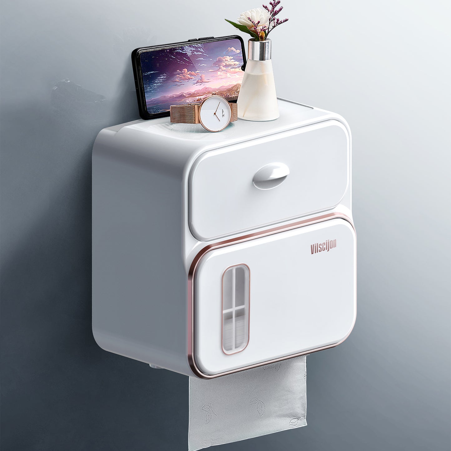 Household Essentials Bathroom Wall Tissue Storage Box with Waterproof Tape Drawer - Family Organizer Gift Decoration Shelf