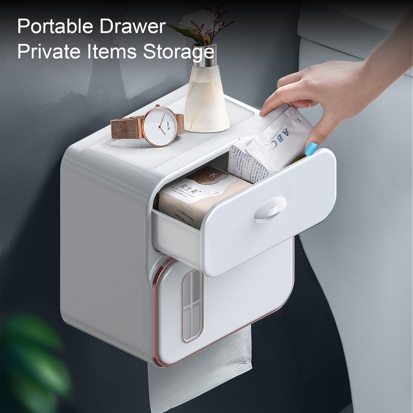 Household Essentials Bathroom Wall Tissue Storage Box with Waterproof Tape Drawer - Family Organizer Gift Decoration Shelf