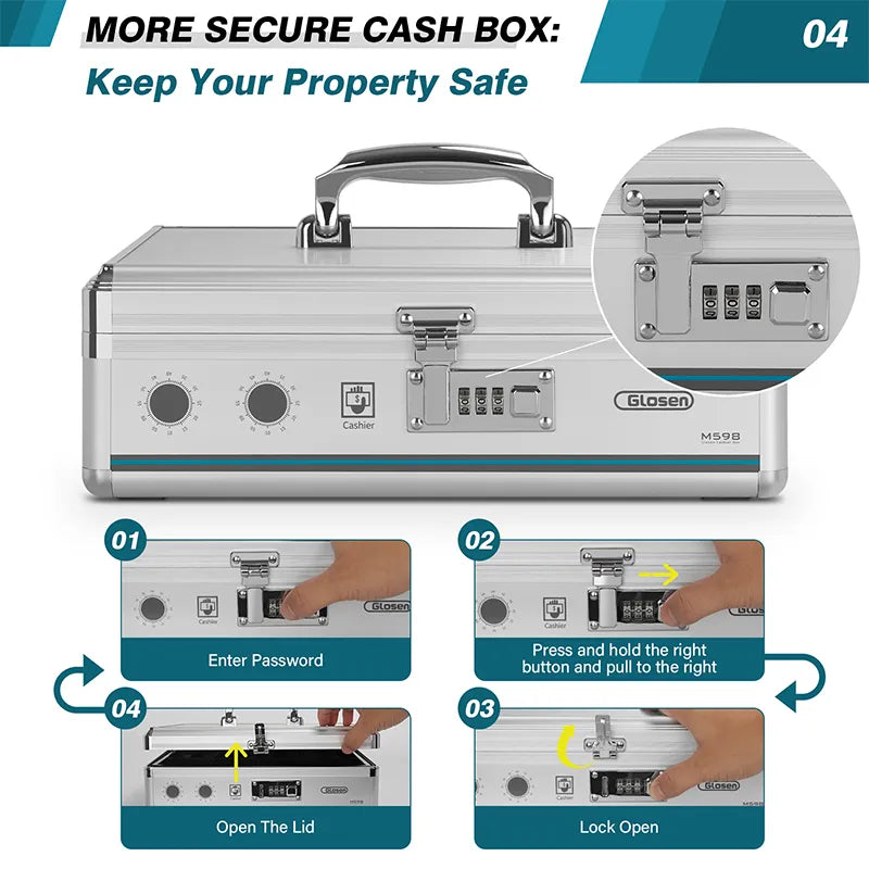 Glosen Combination Lock Cash Box with Money Tray for Security Lock Box